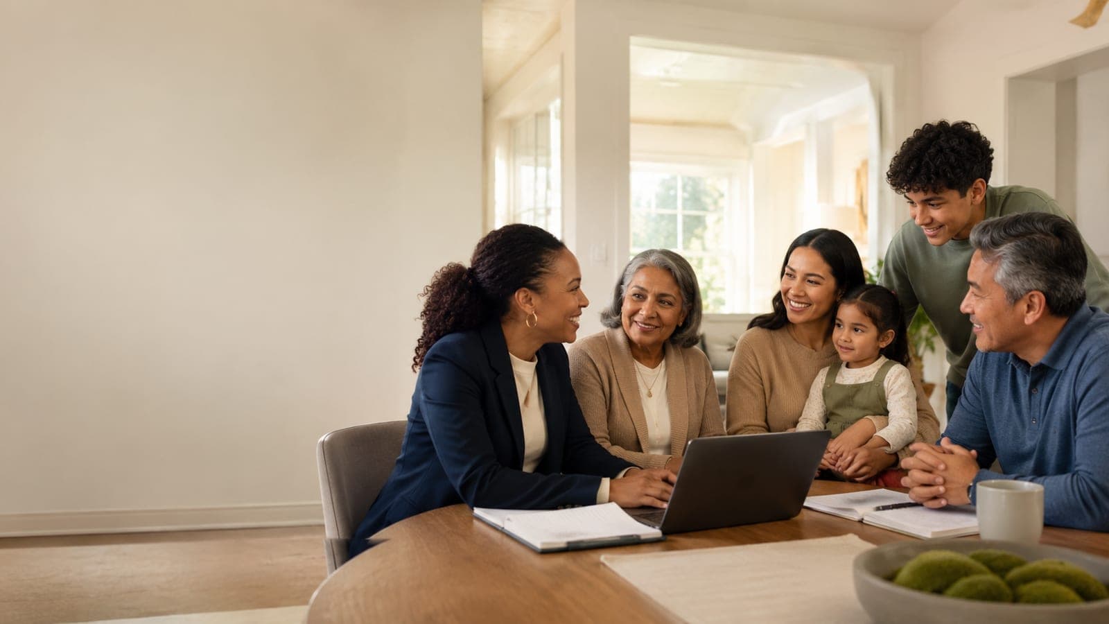 A family and a LivnSource care navigator reviewing a plan together at the kitchen table