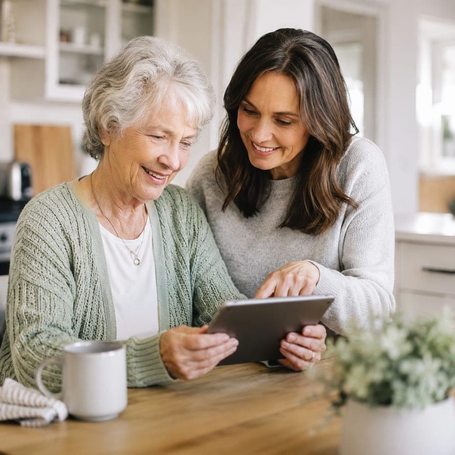 A daughter and her mother looking at a tablet together