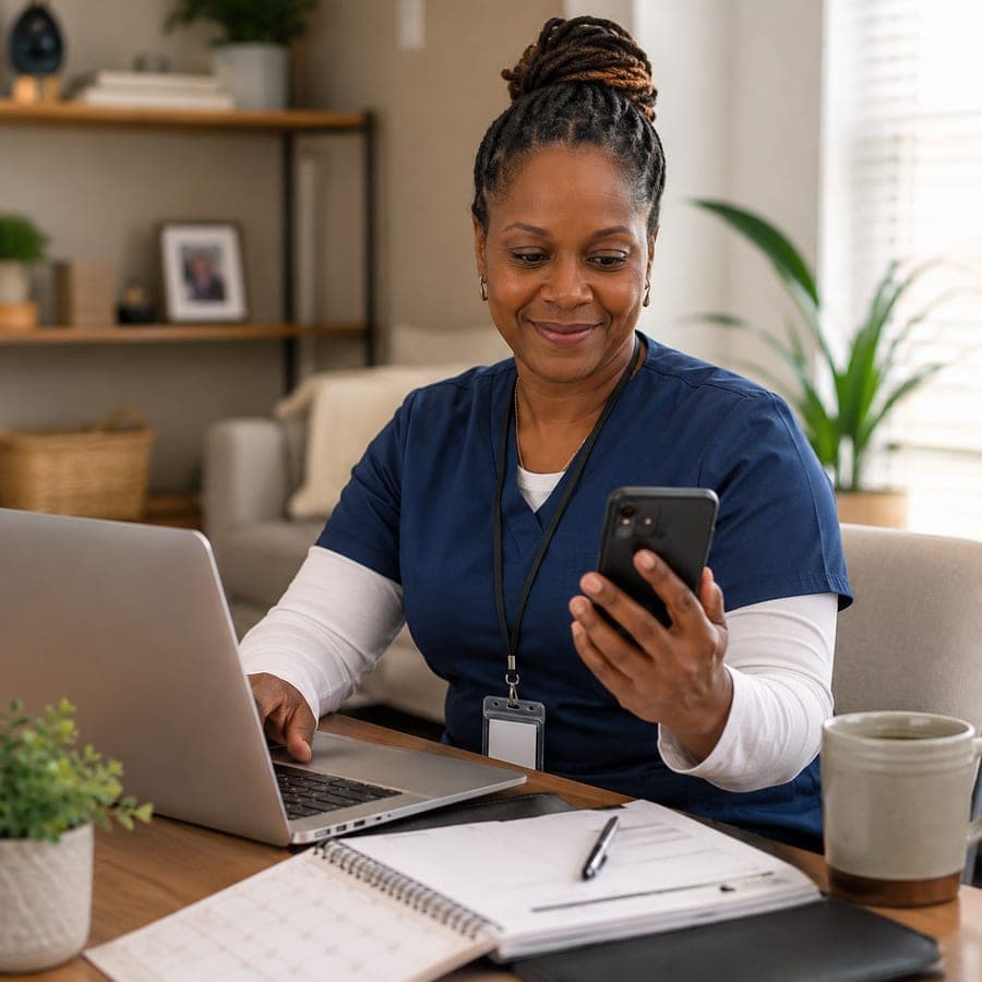 A provider checking leads and messages from her laptop and phone