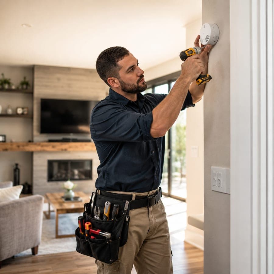 A provider installing a smoke detector in a client's home